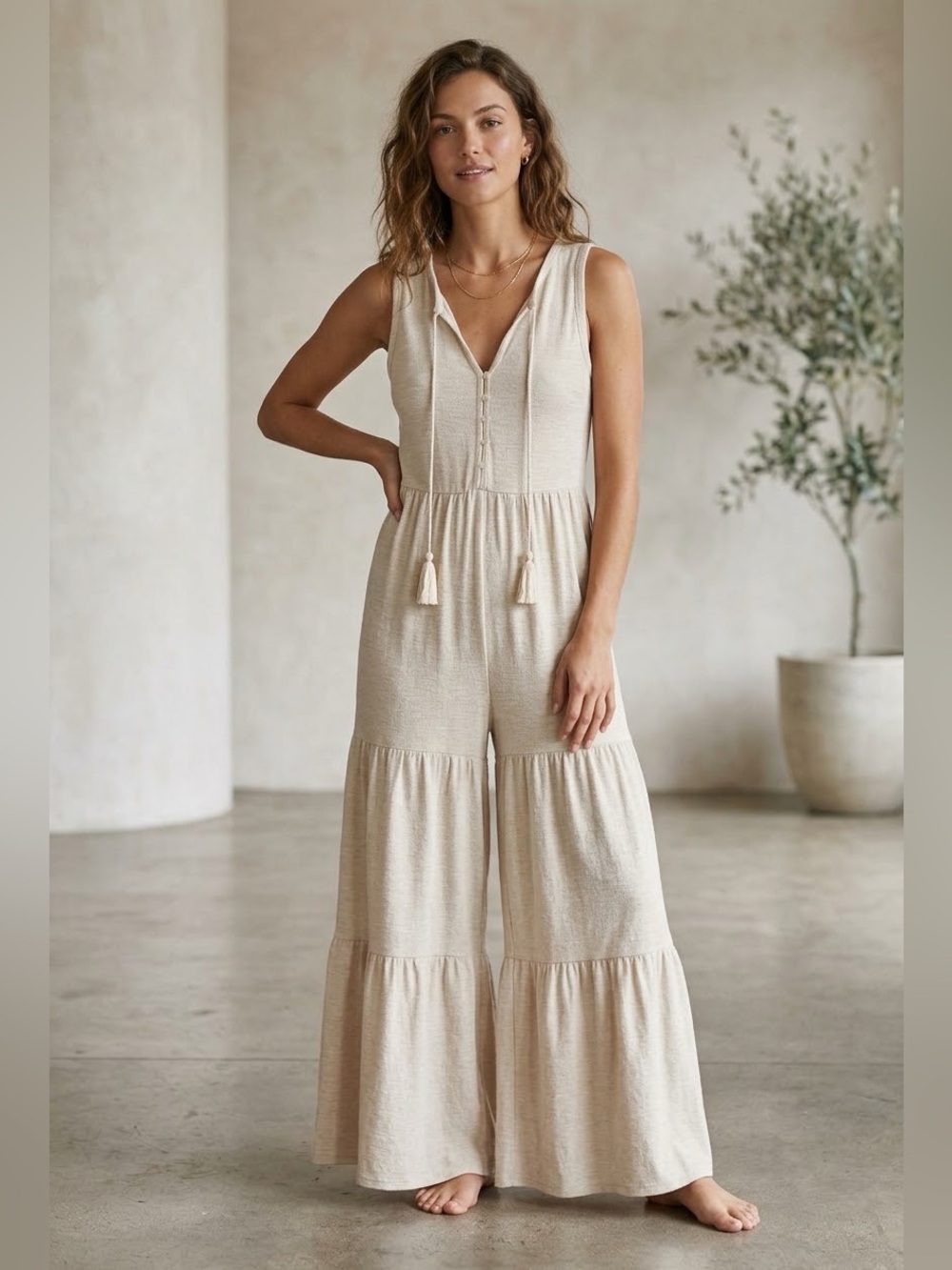 Anthro Saturday Sunday Marina Tiered Wide Leg Jumpsuit Large L Heather Oatmeal
